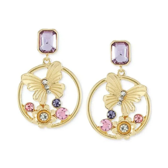 Guess Butterfly Lilac-Pink Accent Stones Gold-Tone Front Facing Hoop Earrings - Picture 4 of 5